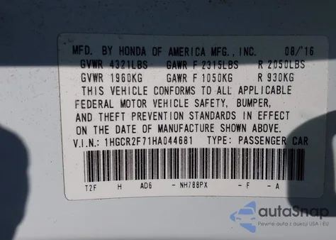 2017 Honda Accord Ex z USA, uszkodzony, nr VIN 1HGCR2F71HA044681